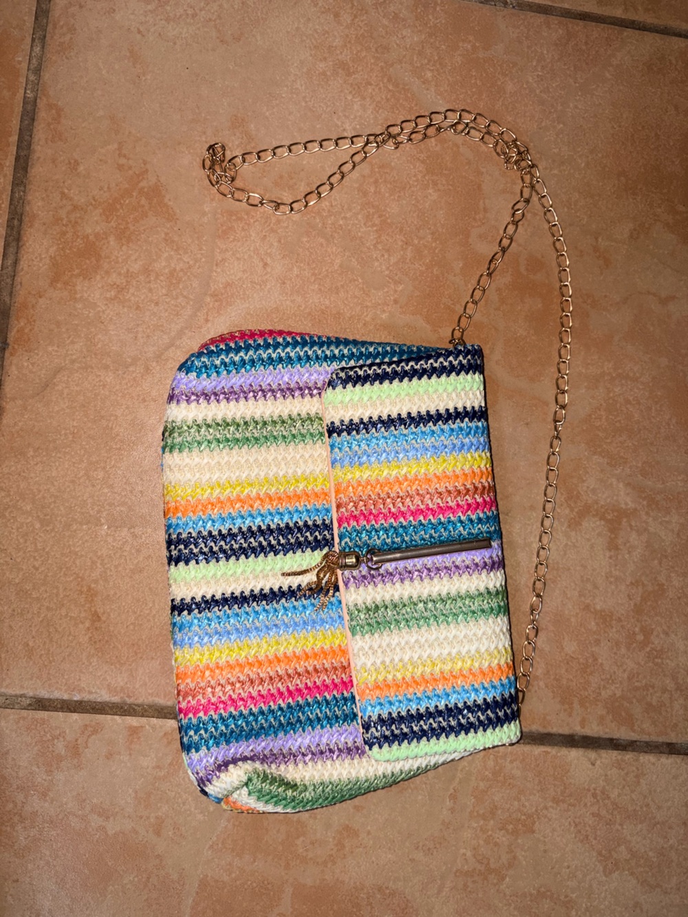 Multicolor Striped Woven Crossbody Bag with Tassel Accent